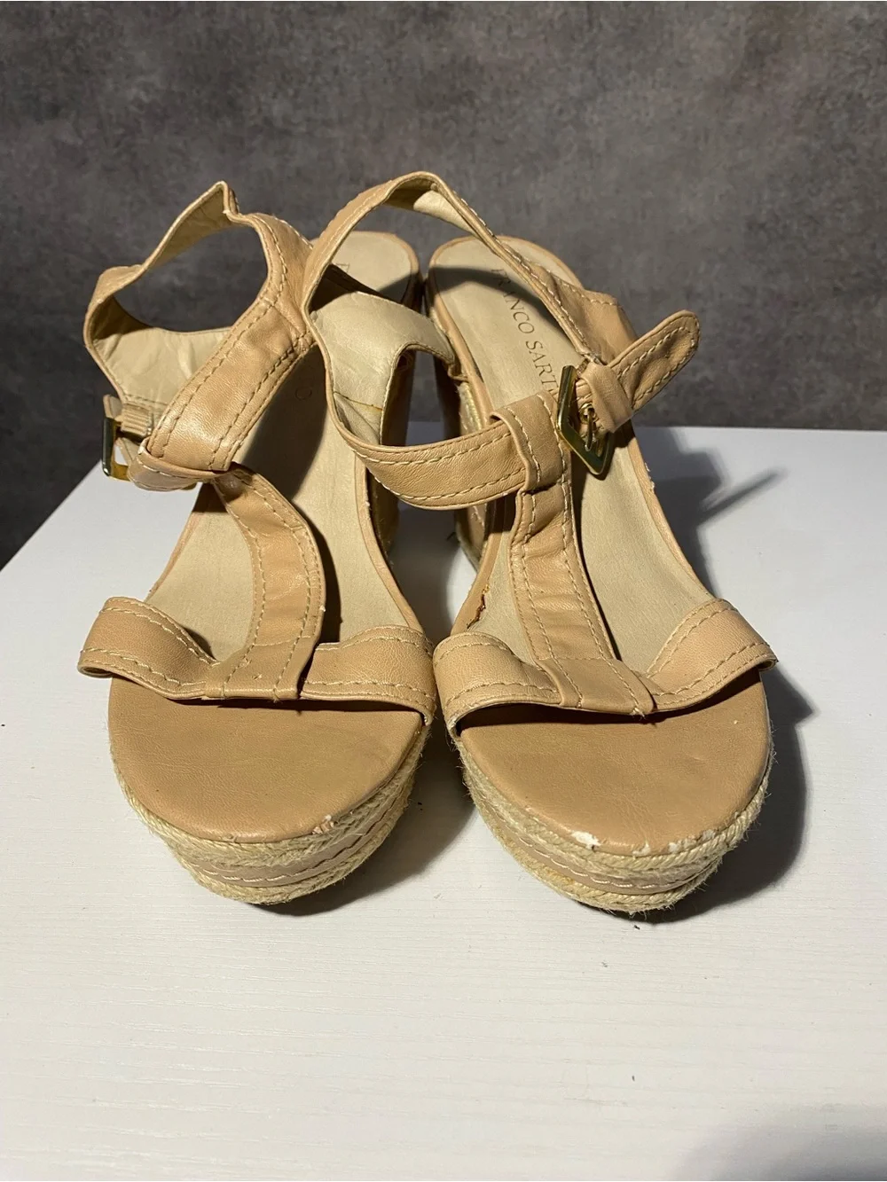 Franco Sarto Women's Wedge Sandals Size 10M Beige Tan Strappy Espadrille Flaws